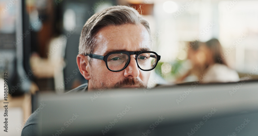 Aufkleber glasses, reading and computer with business man in office for planning, thinking or company newslett