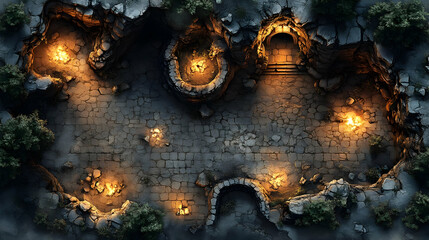 Explore Dark Cave: Stone Paths, Campfires, Mystery