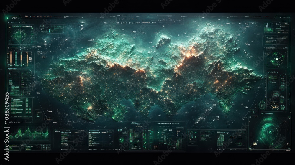 Poster futuristic interface displaying a cosmic landscape with data overlays.
