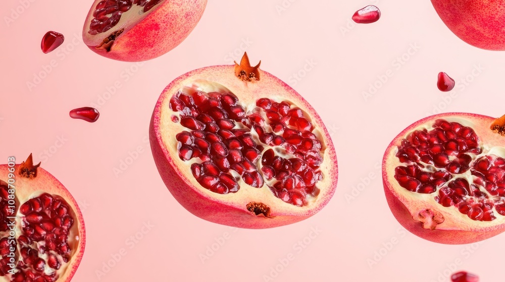 Poster A visually appealing display of pomegranate halves and seeds against a soft pink background.