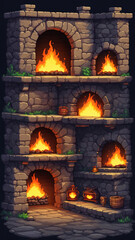 Fototapeta premium Pixel game level design. Platform game asset, fantasy 8 bit environment. Building with stone steps