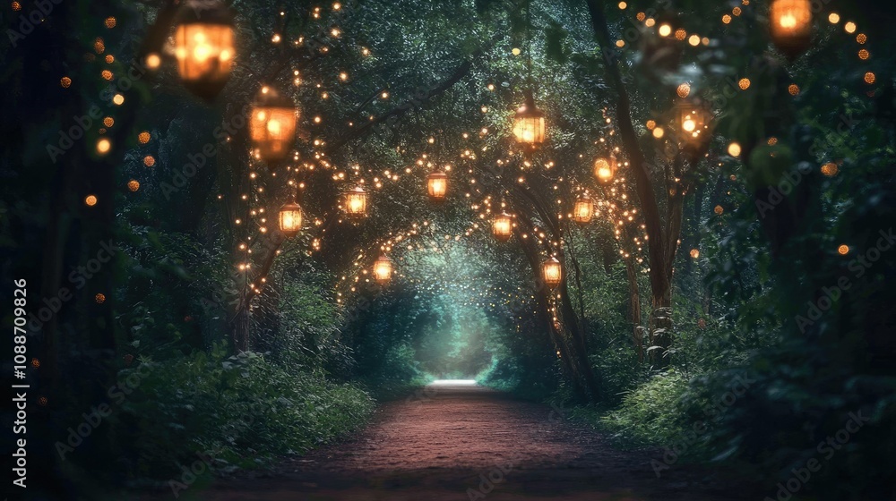 Poster Enchanted forest pathway lit by glowing lanterns and sparkling lights, casting a soft glow in the twilight hours.