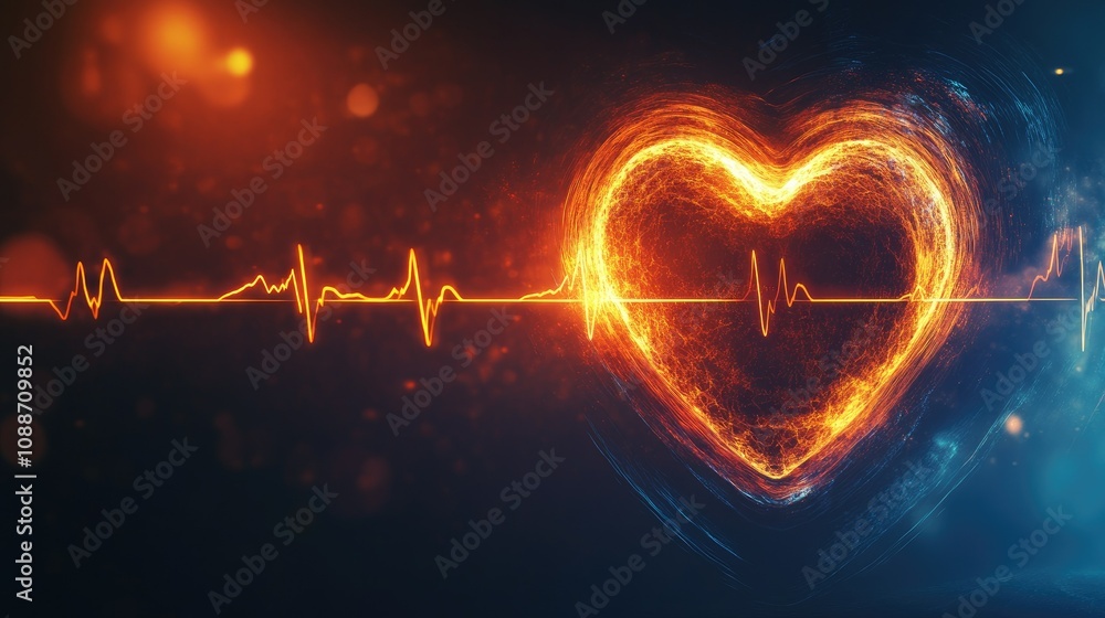 Poster glowing heart and electrocardiogram line pulsing with energy, symbolizing the rhythm of life in a da