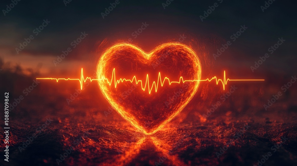 Poster glowing heart and electrocardiogram line pulsing with energy, symbolizing the rhythm of life in a da