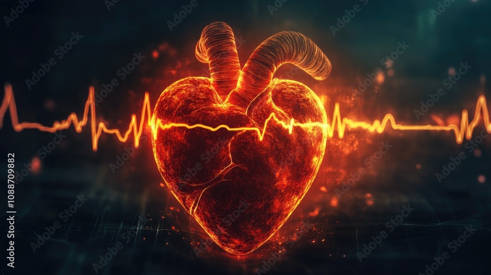 Poster glowing heart with an ecg rhythmically pulsing, capturing the energy of life and vitality in a dark,
