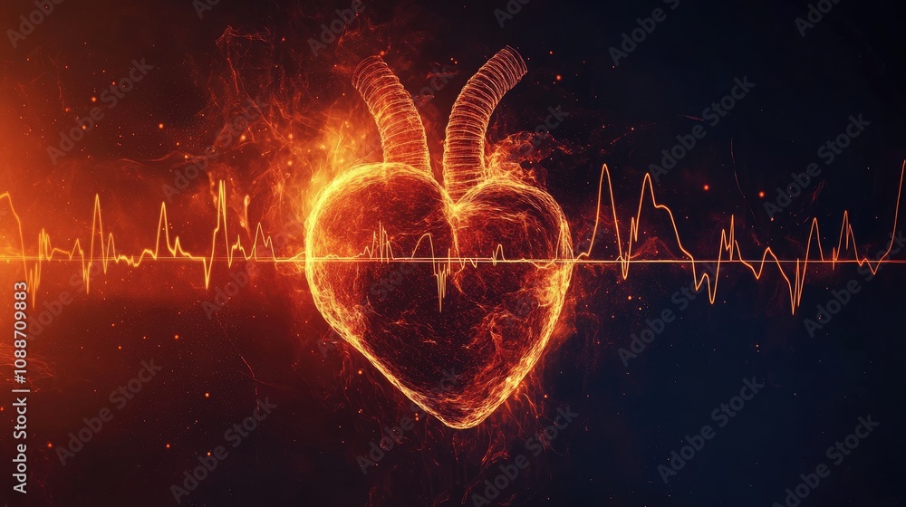 Poster glowing heart and electrocardiogram line pulsing with energy, symbolizing the rhythm of life in a da