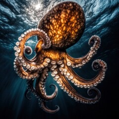 Fototapeta premium An octopus with its tentacles extended, swimming in the ocean with the sun shining down.