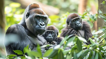 Obraz premium A family of gorillas sitting among the lush vegetation of a green forest, captured with ISO Canon EOS R6 Mark II Mirrorless +8. 32k, full ultra HD, high resolution
