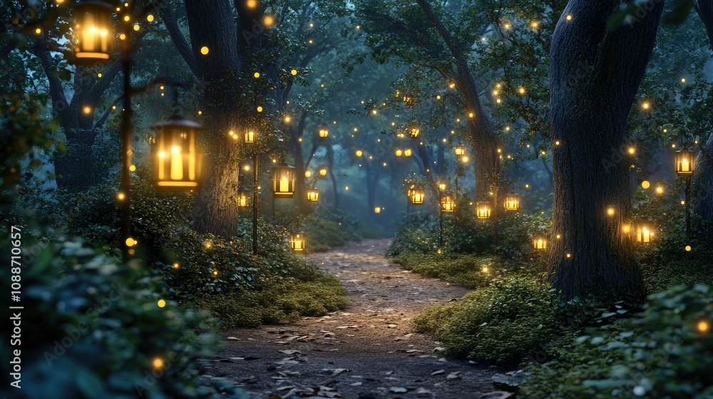 Aufkleber Twilight forest path illuminated by lanterns, with sparkling lights adding a touch of magic and wonder to the scene.