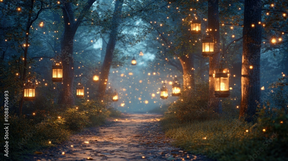 Aufkleber Twilight forest path illuminated by lanterns, with sparkling lights adding a touch of magic and wonder to the scene.