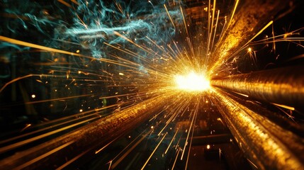 Sparks flying as a welder joins metal frames together, capturing the intense and energetic process of welding in an industrial setting.