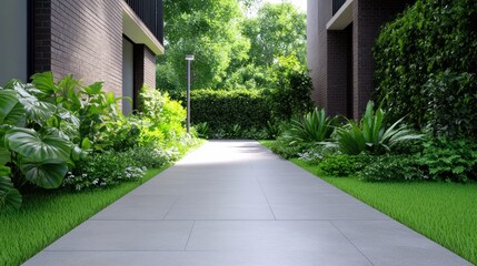 Obraz premium Pathway lined with lush greenery and plants in a serene setting.