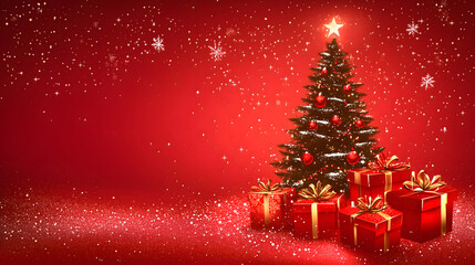 Obraz premium Christmas greetings vector background design. Christmas greeting text with fir tree and gift box ornaments and decorative elements on red elegant background.