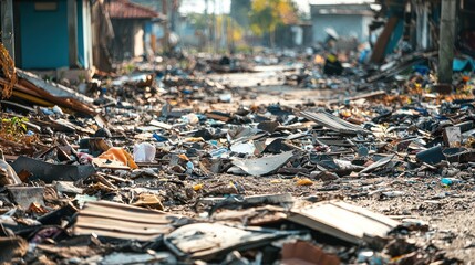 A close-up of debris strewn across the streets of a destroyed city, with remnants of former life visible