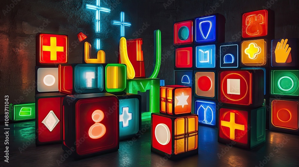 Poster Neon Cubes Displaying Symbolic Shapes and Crosses