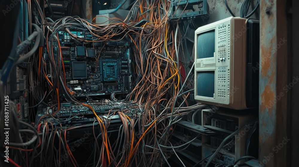 Poster Wires in a chaotic tangle around a malfunctioning computer tower, with visible signs of wear, emphasizing the problems caused by disarray.