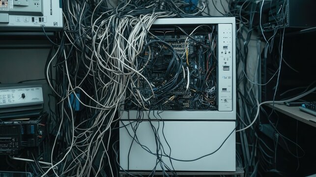 Wires in a chaotic tangle around a malfunctioning computer tower, with visible signs of wear, emphasizing the problems caused by disarray.