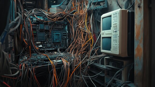 Wires in a chaotic tangle around a malfunctioning computer tower, with visible signs of wear, emphasizing the problems caused by disarray. - Powered by Adobe