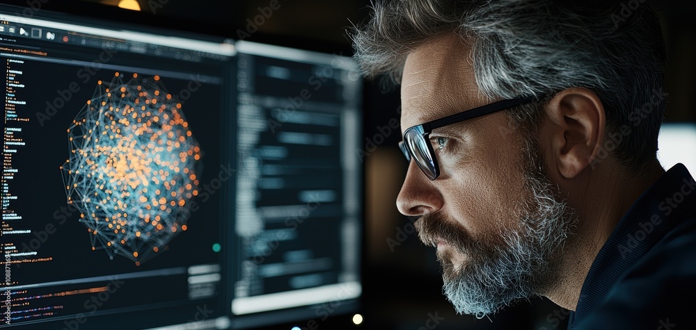 Poster Technology data analysis concept. A focused individual analyzes complex data on a computer screen, showcasing a blend of technology and human intellect.