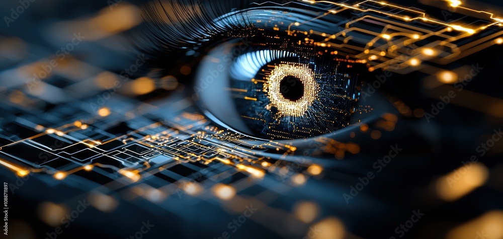 Poster Eye technology data digital concept. A close-up of an eye with digital patterns, symbolizing the intersection of technology and human perception.
