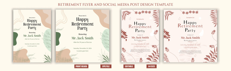Happy Retirement Party Flyer Poster Boho bohemian Traditional festive celebration clean natural fresh cool vacation greeting well wish, health, weekend, fun, trending modern clean bohemian flyer print