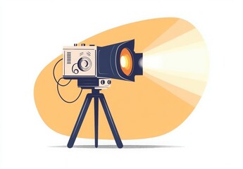 National Popcorn Day. Movie projector, movie film camera on a tripod projecting onto a wall, projector beam coming out of the lens. Graphic design poster art depicts a movie camera