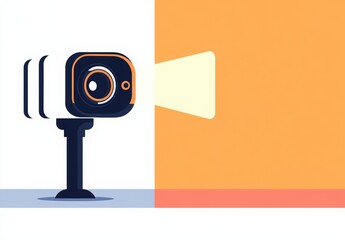 National Popcorn Day. Movie projector, movie film camera on a tripod projecting onto a wall, projector beam coming out of the lens. Graphic design poster art depicts a movie camera