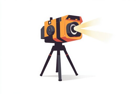 National Popcorn Day. Movie projector, movie film camera on a tripod projecting onto a wall, projector beam coming out of the lens. Graphic design poster art depicts a movie camera