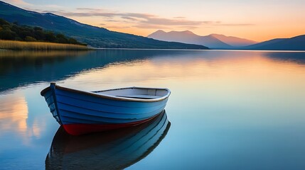 Serene Lake Landscape with Rowboat at Sunset