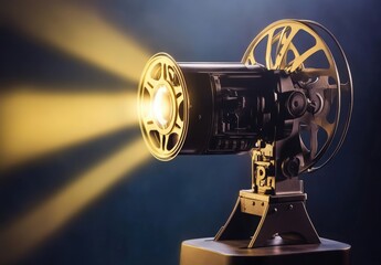 National Popcorn Day. Movie projector, movie film camera on a tripod projecting onto a wall, projector beam coming out of the lens. Graphic design poster art depicts a movie camera