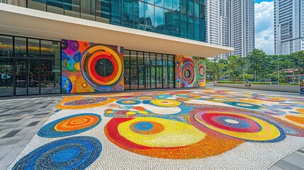 Colorful mosaic patterns adorn a modern building entrance, enhancing the urban landscape.