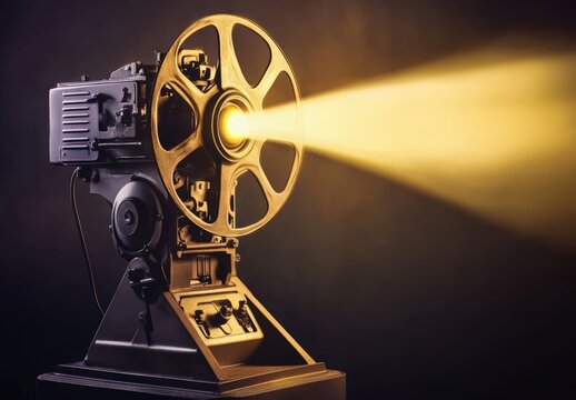 National Popcorn Day. Movie projector, movie film camera on a tripod projecting onto a wall, projector beam coming out of the lens. Graphic design poster art depicts a movie camera