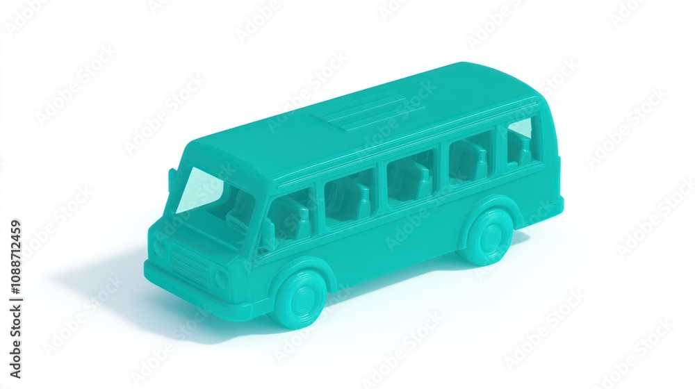 Poster a turquoise toy bus with seating for passengers, designed for play and imagination.