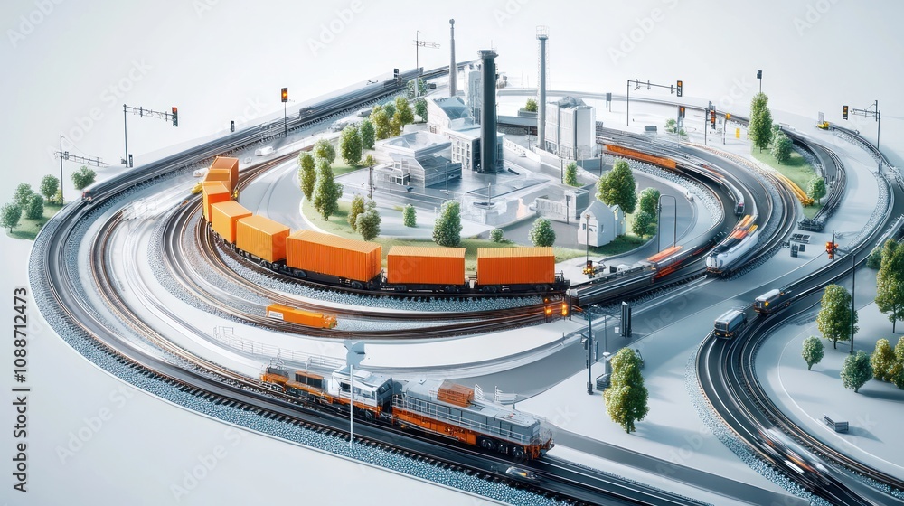 Poster a detailed model of a train yard with various trains and industrial structures.