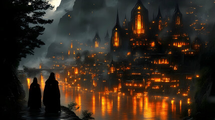 Burning Cityscape: Gothic Architecture, Night River, Mysterious Figures