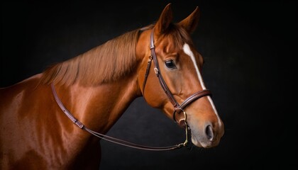 Majestic chestnut horse in profile against dark background