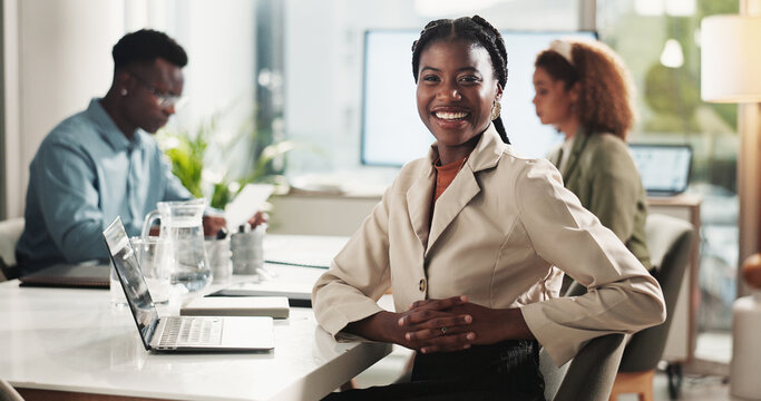 Meeting, portrait and happy woman in office with laptop for research, data analysis or business report. Computer, confidence and businesswoman in boardroom planning online schedule at digital agency