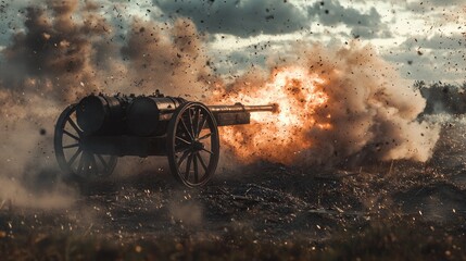 Artillery cannon firing with explosions and smoke in a dramatic landscape.