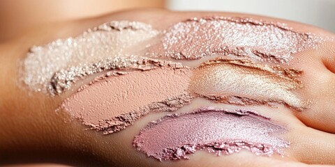 A close-up of various makeup swatches on the back of a hand, showcasing different shades and textures.