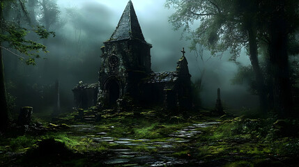 Ancient Church Ruins in Misty Forest: An Eerie Exploration