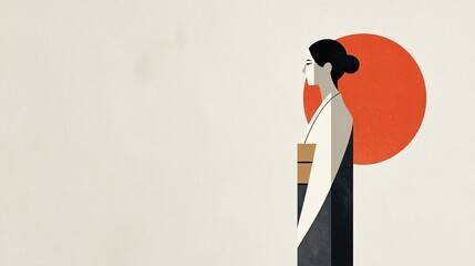 Cultural Celebration of a Woman in Traditional Attire Japan Graphic Illustration Minimalist Style Side View Heritage Reflection