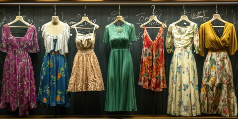 Fototapeta premium A collection of clothing designs displayed on mannequins or hangers in a boutique.