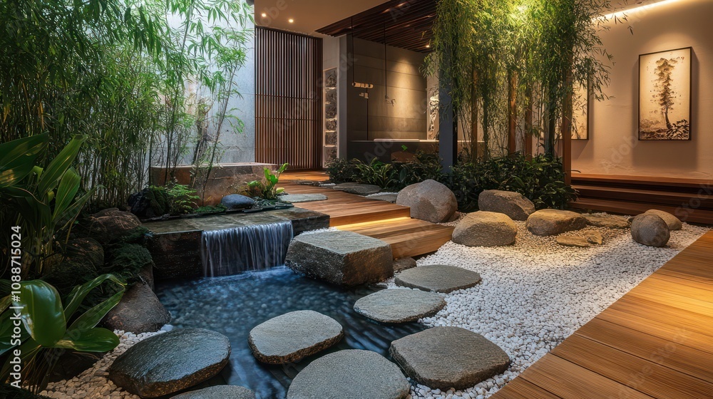 Poster designing spaces with feng shui elements, aligning nature and living spaces