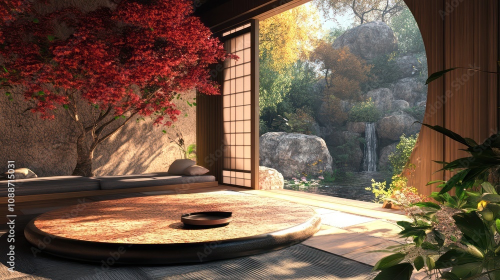 Poster designing spaces with feng shui elements, aligning nature and living spaces