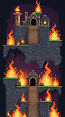 Pixel game level design. Platform game asset, fantasy 8 bit environment. Fire in stove