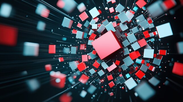 Fototapeta Dynamic abstract composition with red and white cubes exploding in motion over dark background, symbolizing innovation, technology, and digital transformation