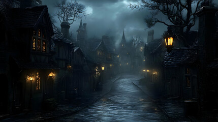 Rainy Night in Medieval Village: Dark, Mystical, Cobblestone Streets
