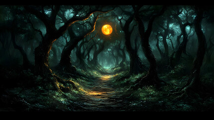 Enchanted Forest Path: Moonlit Night's Journey