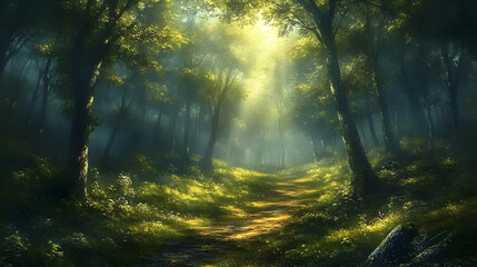 Obraz premium Sunlit Path Through Mystical Forest, Nature's Serene Beauty