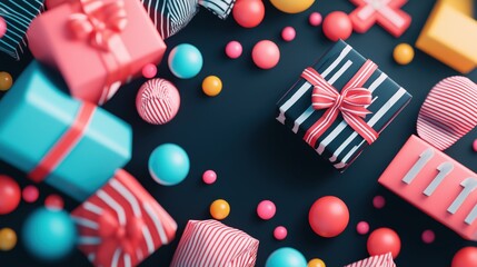 Fototapeta premium Vibrant assortment of gift boxes with colorful ribbons and spheres on dark background, celebrating festive occasions and creative gift-giving ideas